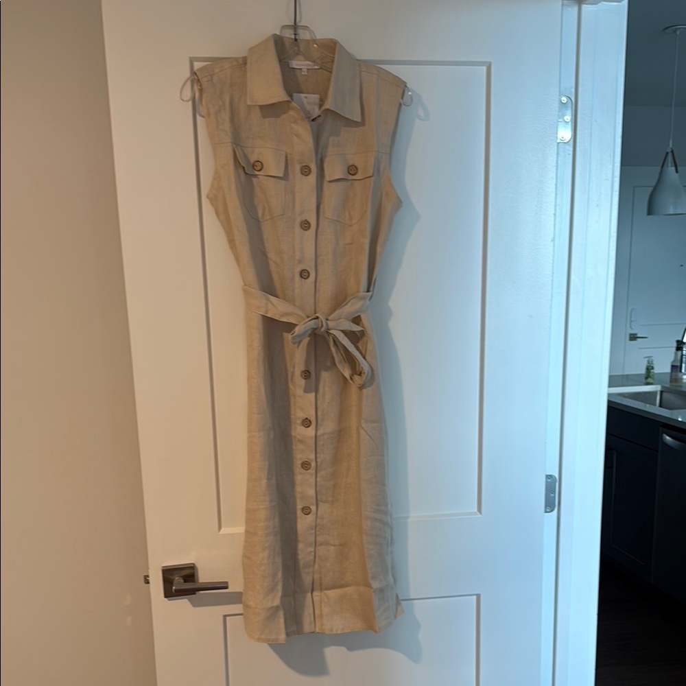 Olivaceous Tan Sleeveless Collared Midi Dress